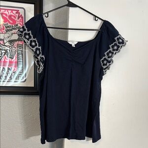 Time and Tru Navy Blue Embroidered Top
